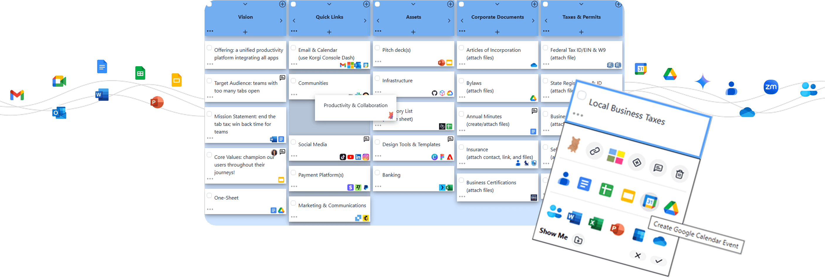 A whiteboard with digital cards containing business organizing to dos and displaying bookmark icons for related sites, with a single card in the forefront with rows of application icons, and a series of application icons to the left and right of the board.