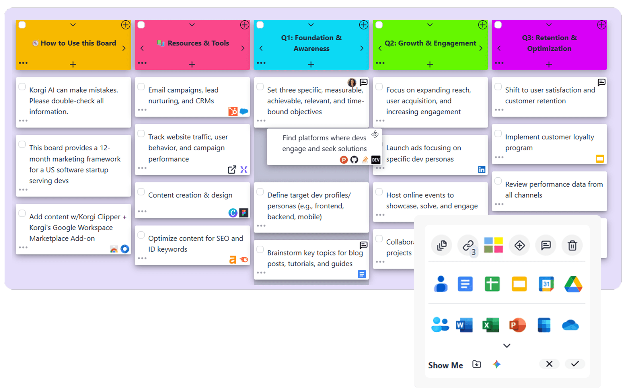 A whiteboard with digital cards containing business organizing to dos and displaying bookmark icons for related sites, with a single card in the forefront with rows of application icons, and a series of application icons to the left and right of the board.